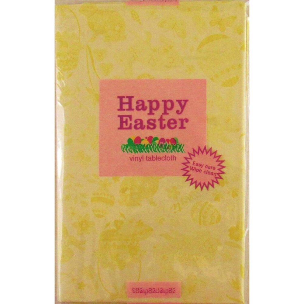 Happy Easter Vinyl Tablecloth  Bunnies, Baskets, Eggs, Butterflies and Flowers -